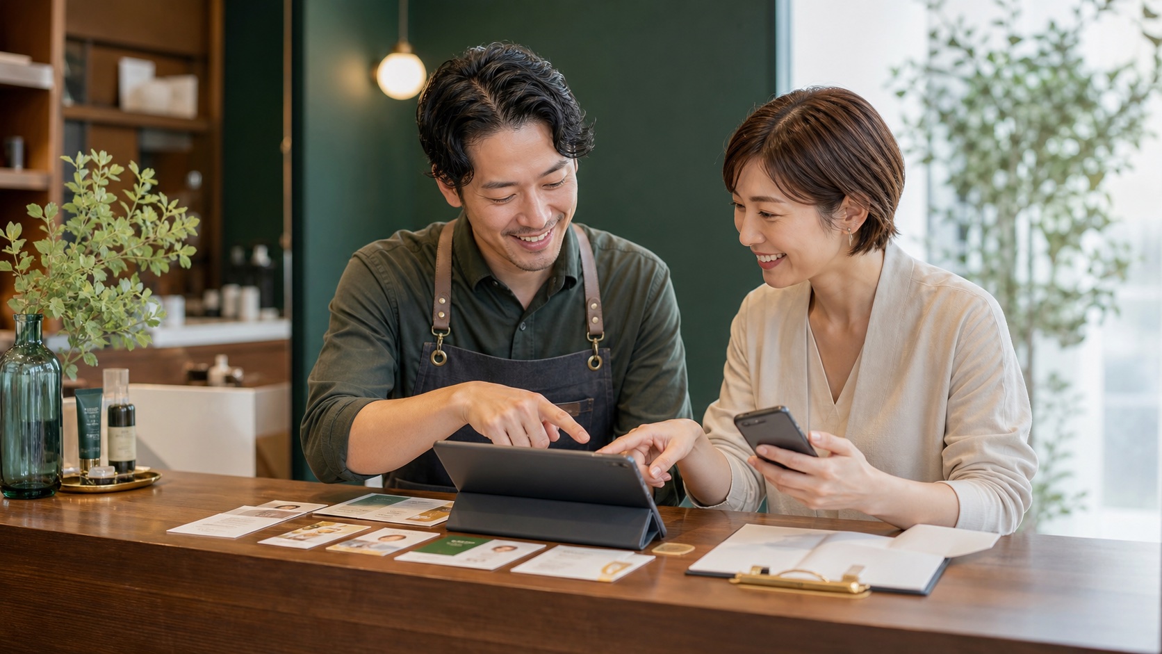 個人サービス事業者と集客担当者が予約導線を相談している様子